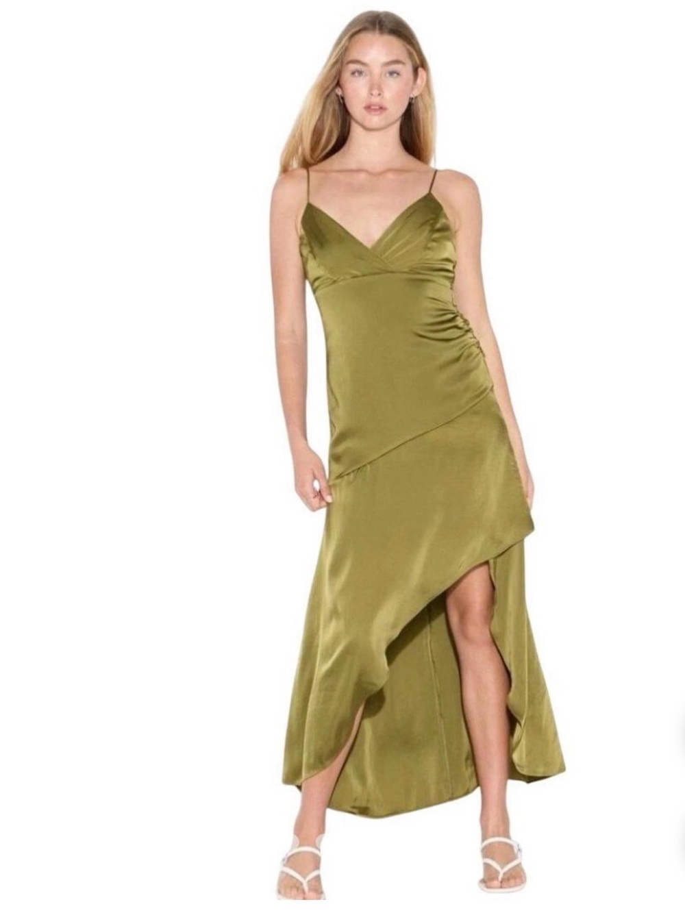 Wild Fable Women's Olive Green Satin Ruffle Asymmetric Maxi Dress Size Medium